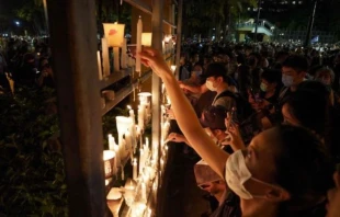 People light candles at a Tiananmen vigil at Victoria Park in Hong Kong, June 4, 2020. Yan Zhao/AFP via Getty Images